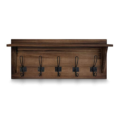 HBCY Creations Rustic Brown Solid Wood Wall Mounted Coat Rack with Shelf, 5 Hooks, 24" Long - Kitchen, Mudroom, Entryway, Bathroom - Includes Mounting Hardware, Coat Hanger, Dog Leash Hooks - color: 1- Rustic Brown