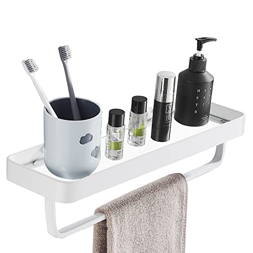 Bathroom Tempered Clear Glass Shelf with Towel Bar Wall Mounted 15.7 Inch Shower Organizer Modern Metal Kitchen Spice Decor Rack Over Toilet Storage Holder Rectangular Vanity White - color: White