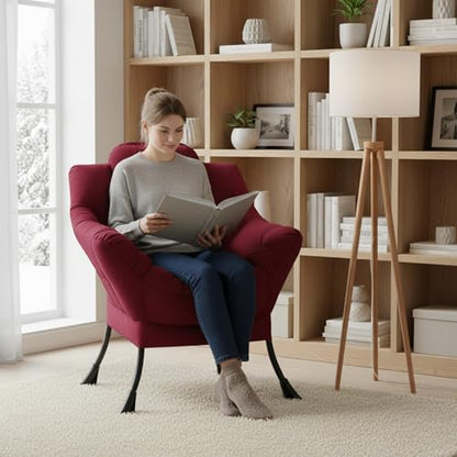 Welnow Burgundy Single Lazy Chair for Adults，Modern Reading Accent Chair | A Side Pocket,Armrests,Thick Cushioned Seat & Backrest, Lounge Reading Chair for Bedroom,Living Room & Small Space - color: Burgundy Without Stool