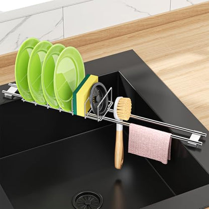Expandable Over the Sink Plate Drying Rack with Dish Cloth Holder, Small Metal Dish Dryer Rack, Space-Saving Sink Drainer for Plates, Dish Rags, Sponges, Brushes, and Bottles (Silver)