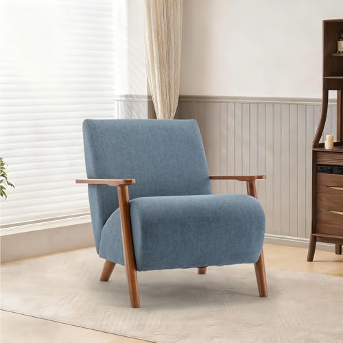 Home Accent Chair Mid Century Modern Accent Chair with Wood Frame, Linen Material Lounge Upholstered Armchair, Reading Chair, For Living Room, Bedroom,Office,Comfy Guest Waiting Room Chairs Blue - color: Blue, size: Linen