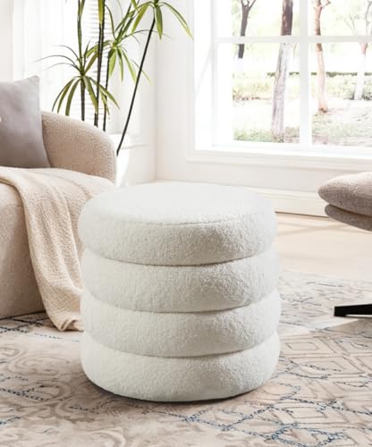 Flouki 19.5" Storage Ottoman Round, Vanity Stool for Bedroom, Entryway Ottoman for Console Table, Foot Stool for Living Room, Bedroom, Sherpa Off-White - color: Off-white