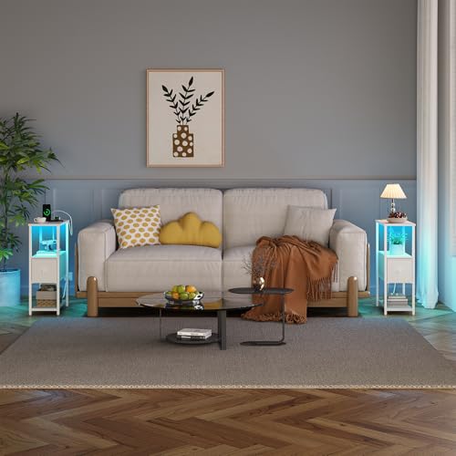 TUTOTAK Small Narrow LED End Table with Charging Station, Set of 2 | Side Table with Outlets, Nightstand with Cloth Drawer, Couch Table for Living Room, Bedroom, White TB01BW059 - color: White, style: 1 Drawer with Plug & Light