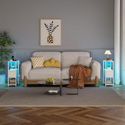 TUTOTAK Small Narrow LED End Table with Charging Station, Set of 2 | Side Table with Outlets, Nightstand with Cloth Drawer, Couch Table for Living Room, Bedroom, White TB01BW059 - color: White, style: 1 Drawer with Plug & Light