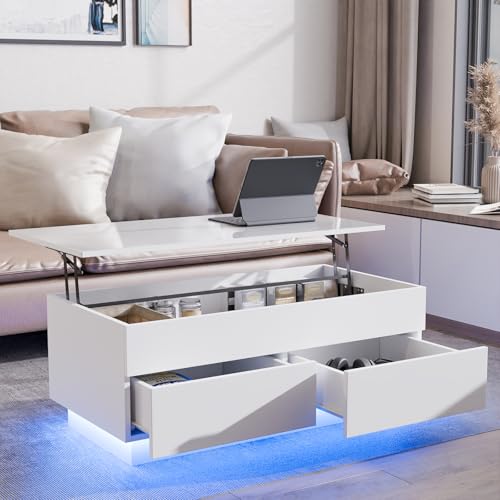 HOMMPA LED Coffee Table with Lift Top Morden Coffee Table with Storage High Gloss White Sofa Table for Living Room Center Tables Hidden Compartment & 2 Drawers - color: White, size: 2 Drawers