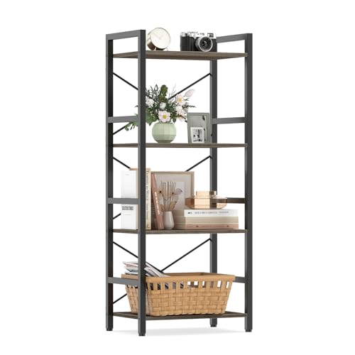 Giantex 4-Tier Bookshelf, Narrow Freestanding Display Shelf with Metal Frame & Wooden Storage Racks, Industrial Bookcase Organizer for Living Room, Study, Office, Grey Oak & Black - color: Grey Oak, size: 4-Tier (1 Pack)