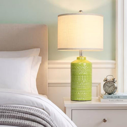 JUNNAI Light Green Ceramic Table Lamp 25 inch 3-Way Dimmable Nightstand Lamp with White Linen Shade Bedside Lamp for Living Room Bedroom Office Reading (Bulb Included) - color: Light Green