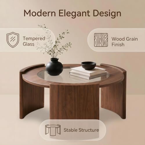 KEIKI Mid-Century Modern Round Coffee Table, 31.5" Wood & Tempered Glass Center Table, Circular Cocktail Table w/Thick Curved Legs, Raised Edge Design for Living Room, Apartment, Walnut Transparent - color: Walnut Transparent