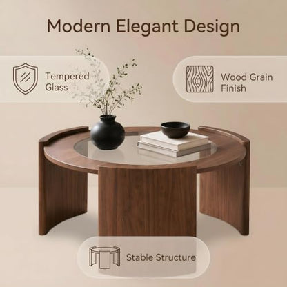 KEIKI Mid-Century Modern Round Coffee Table, 31.5" Wood & Tempered Glass Center Table, Circular Cocktail Table w/Thick Curved Legs, Raised Edge Design for Living Room, Apartment, Walnut Transparent - color: Walnut Transparent