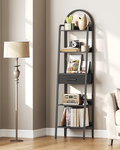 5 Tier Ladder Shelf with Drawer, Tall Ladder Bookshelf, Standing Bookcase with Metal Frame for Living Room, Bathroom, Home Office, Study, Balcony, Black TCJ07BB - color: Black
