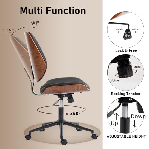 Modern Walnut Home Office Chair, Executive Desk Chair No Arms Black | with Wheels, Adjustable Height, Comfy PU, Deeper Cushion, Mid Back, 360 Swivel Computer Chair - color: Black