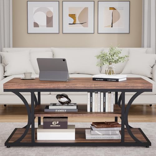 Farmhouse Coffee Table with Storage, 3-Tier Industrial Wood & Metal Coffee Table for Living Room, Rustic Rectangle Center Table with Open Shelves, Rustic Brown