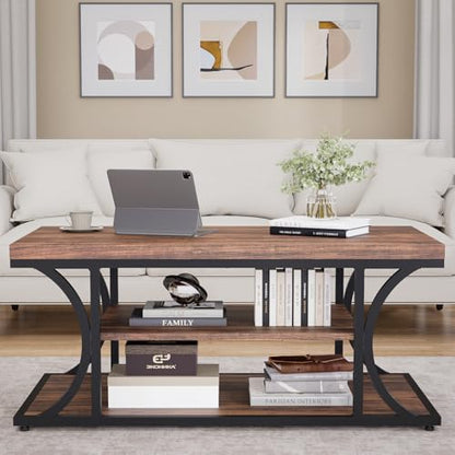 Farmhouse Coffee Table with Storage, 3-Tier Industrial Wood & Metal Coffee Table for Living Room, Rustic Rectangle Center Table with Open Shelves, Rustic Brown