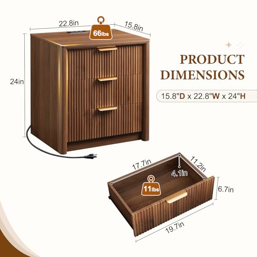 LYNCOHOME 23" Fluted Nightstands Set of 2 with Charging Station, 3 Drawer Bedside Table, Modern Night Stand with Curved Edge, Wooden End Table for Bedroom, Rounded Night Stand with Storage, Walnut - size: 15.7"D x 22.8"W x 24.2"H（3 Drawers）
