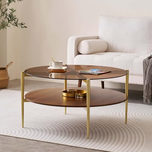 LumFurn Extra Large Round Coffee Table, Mid-Century Modern Design, D34 x H17 in, for Living Room, 2-Tier Structure, Amber Glass Top and Walnut MDF Shelf, Sleek Conical Metal Legs with Gold Finish - color: D34" Amber & Walnut