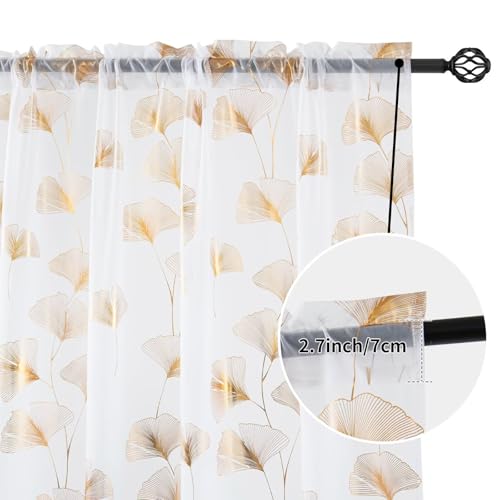 Gold Foil Print Sheer Curtains 96 inches Long, 2 Panels Ginkgo Bronzing Treatment Sheer Curtain, Rod Pocket Window Treatment Panels for Bedroom Living Room - color: Ginkgo/Gold/White, size: 42"W x 96"L (Pack of 2)