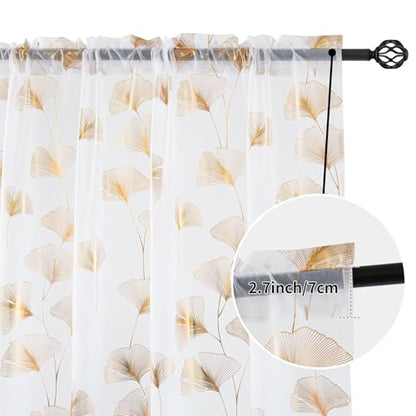 Gold Foil Print Sheer Curtains 84 inches Long, 2 Panels Ginkgo Bronzing Treatment Sheer Curtain, Rod Pocket Window Treatment Panels for Bedroom Living Room - color: Ginkgo/Gold/White, size: 52"W x 84"L (Pack of 2)