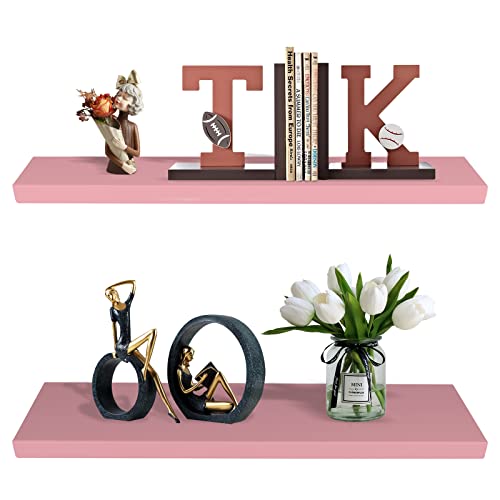 SAUMONIERES 24 Inch Floating Wall Shelves for Bedroom Bathroom Wall Mounted Solid Wood Shelf Storage Decor Set of 2, Pink Floating Shelves - color: Pink, size: 24 Inch-2 shelves