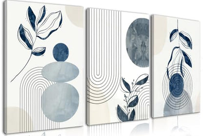 Frimeeme Blue Bohemain Framed Canvas Wall Art Set of 3,Abstract Geometric Line Wall Painting for Bedroom Bathroom, 12"x16" Inches,Framed - color: Framed - Blue Boho Canvas Wall Art, size: 12"L x 16"W x 3Pieces