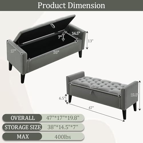 47in Velvet Storage Ottoman Bench with Arms, Upholstered Storage Bench with Wooden Legs, Storage Bench for Bedroom, Living Room, Dark Grey - color: Dark Grey