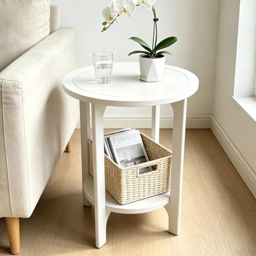 White Solid Wood Round Side Table for Living Room, Bedroom | 2-Tier Wooden End Tables, Mid Century Modern Circular Nightstand Bedside Table, Easy Assembly (White) - color: White