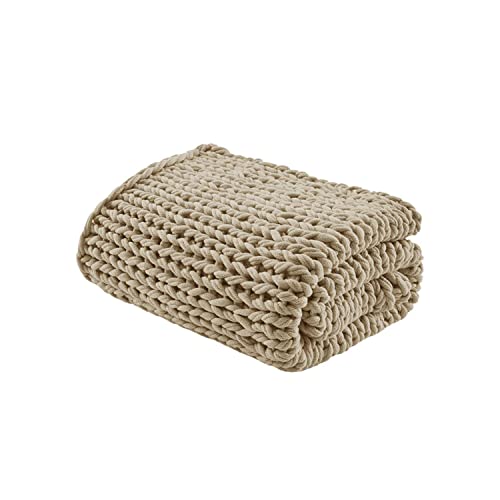 Madison Park Chunky Double Knit All Season Throw Blanket, 50 x 60, Tan | Ultra Soft, Acrylic, Cozy Warmth for Sofa or Bed, Lightweight, Boho, OEKO-TEX Certified - color: Tan
