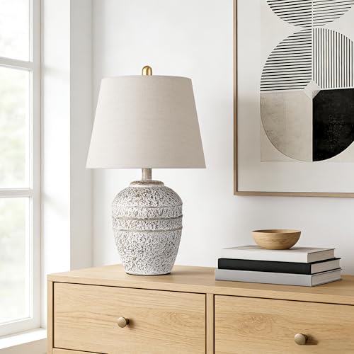 Farmhouse Ceramic Table Lamp, Natural Distressed Earth Tone Finish, Grey | Modern Bedside Lamp with Linen Shade, Rustic Table Lamp for Living Room, Bedroom Nightstands Dining Office