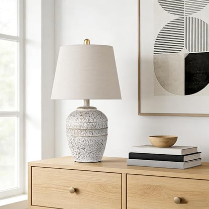 Farmhouse Ceramic Table Lamp, Natural Distressed Earth Tone Finish, Grey | Modern Bedside Lamp with Linen Shade, Rustic Table Lamp for Living Room, Bedroom Nightstands Dining Office