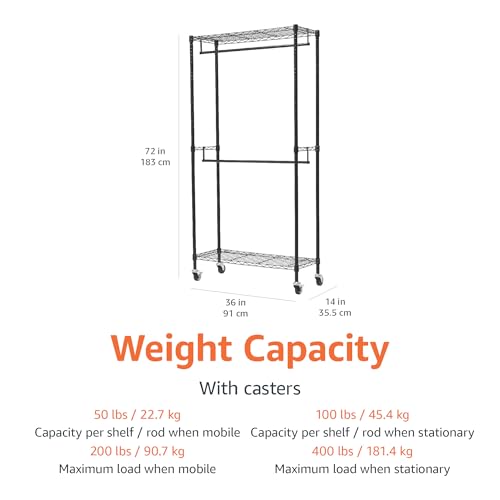 Amazon Basics Adjustable Double Rod Rolling Garment Rack, Hanging Clothes Closet Organizer with Wheels, Heavy Duty, 36" x 14" x 72", Black - color: Black