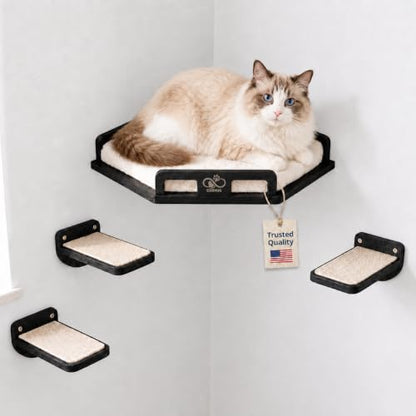 Cat Wall Shelves, Solid Wood Corner Bed, 3 Steps, Up to 25 lb, Black | Cushion included; 2 washable covers, cotton and plush; secures across two walls - color: Black