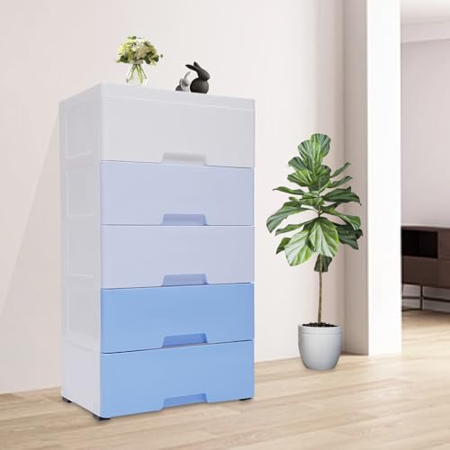 Gradient Blue Drawers,5-Tier Storage Tower with 5 Drawer and 4 Wheels, Storage Organizer Rack, Movable Storage Tall Small Cabinet for Rooms, Sofa(Gradient Blue) - color: Gradient Blue
