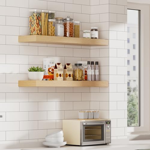 32 inch Long White Oak Floating Shelves for Wall, 8in Deep, Set 2 | 2" Thick Wood Wall Shelf, Heavy Duty Bracket, Bathroom Bedroom Kitchen Living Room, Non-tilting, 50LBS Capacity - color: White Oak, size: 31.5 x 7.9 x 2 (2pc)
