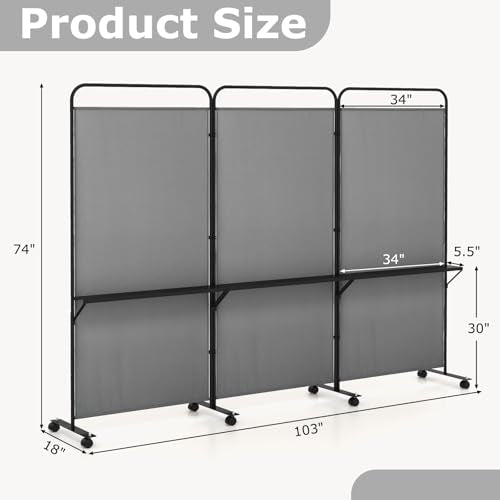 Giantex 3 Panel Room Divider with Wheels and Shelves, 103" W x 74" H Folding Privacy Screen, Rolling Partition Separator for Home Office Studio, Fabric Wall Divider for Room Separation (Gray) - color: Grey