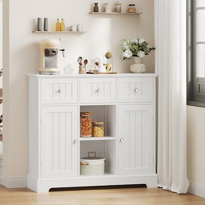 ChooChoo 35.4" Coffee Bar Cabinet with 3 Drawers and 2 Doors, White | Buffet Cabinet with Adjustable Shelves, Storage Cabinet for Compact Kitchens, Dining rooms and Living rooms - color: White