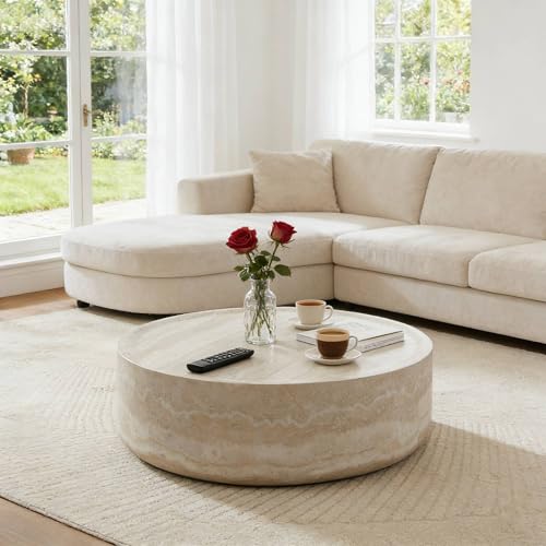 Round Faux Marble Fiberglass Drum Coffee Table, 31.49in Mars, No Assembly - color: 31.49'' Mars Pattern