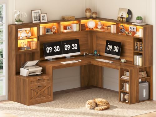 SEDETA Farmhouse L Shaped Office Desk with Double Hutch, Storage Shelves | Computer Desk with Storage Shelves and Power Outlet, Corner Gaming Desk with LED Light and Display Cabinet for Home Office - color: Brown, size: l shaped desk with Double Hutch