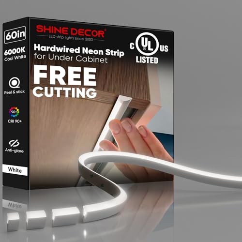 Under Cabinet Lighting Strip, Free Cuttable LED Silicone Neon Rope Hardwired 24V Anti-Glare Bright Cozy1260 Lumen for Indoor, Adhesive White Shell 6000K Cool 60” UL Certified, No Adapter - color: Cool LEDs + White Shell, size: 60 inch