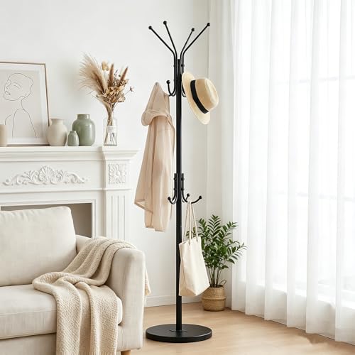Freestanding Coat Rack with 12 Hooks,Modern Coat Stand with Wood Base for Entryway, Bedroom, Office, 3 Adjustable Height Coats Hanger Stand for Coats, Hats, Handbags and Scarves, Black
