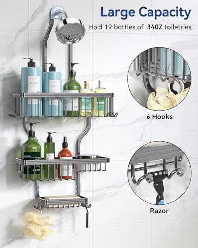 Never Rust Shower Caddy Hanging, Aluminum Shower Racks for Inside Shower, 3-Tier Shower Organizer Hanging Over Shower Head with Hooks and Soap Holder, Grey - color: Grey