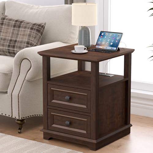 24" Tall End Table with Charging Station & 2 Drawers | Double 18W Fast Charge, Large 18" Bedside Table, Open Shelf, Living Room, Bedroom, Home Office - color: Cherry, size: 1 Piece