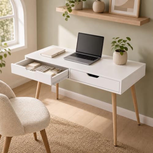 GIANTEX Mid-Century Desk with 2 Drawers, 42.5" Writing Study Desk with Tapered Legs, Home Office Computer Workstation PC Laptop Desk, Modern Makeup Vanity Table for Bedroom (White & Natural)