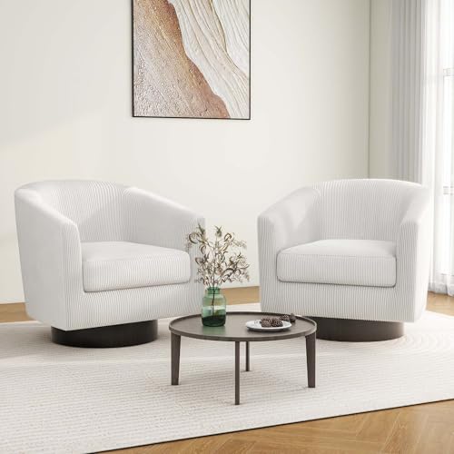 Swivel Barrel Accent Chair, Comfy Reading Armchair, Cream White, Set of 1 | Club Chairs for Adults, Low-Back Design, Modern Round Style, Solid Wood Frame & Metal Swivel Base, For Living Room & Bedroom - color: Cream White