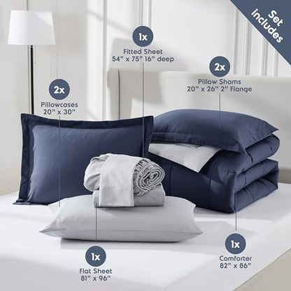 Nestl 7 Piece Full Comforter Set – Navy Reversible Bed in a Bag – Complete Full Size Bedding Set with Sheets, Pillowcases and Shams - color: Navy, size: Full