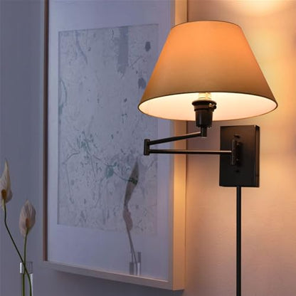 Kira Home Cambridge 15" Modern Swing Arm Wall Sconce with 3-Way Switch | Opaque Empire Paper Shade 2-in-1 Plug In or Hardwired Bedroom Wall Lamp, Black Finish - color: Black,Beige Paper Shade