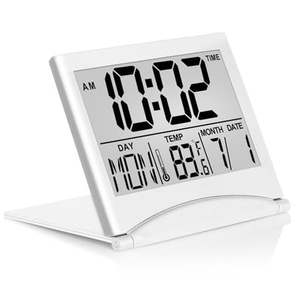 Betus Digital Travel Alarm Clock - Foldable Calendar Temperature Timer LCD Clock with Snooze Mode - Large Number Display, Battery Operated - Compact Desk Clock(Silver, No Backlight) - color: Silver