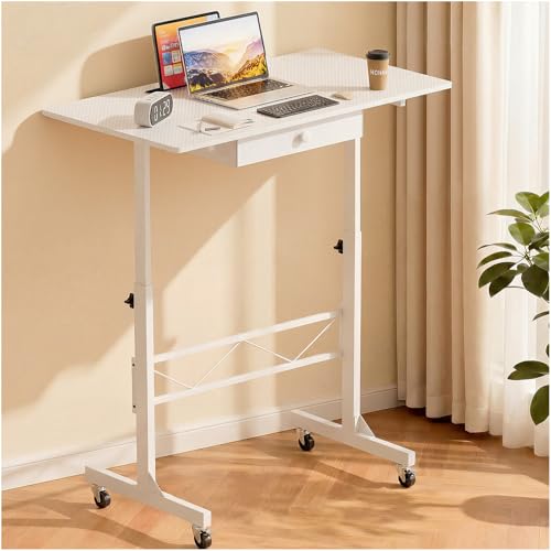 COMHOMA Portable Standing Desk Adjustable Height 30.7"-46.4", Standing Desk with Drawers, Mobile Rolling Computer Desk for Home Office Work and Walking Pad Treadmill, Carbon Fiber White - color: Carbon Fiber White, size: 31.5 IN