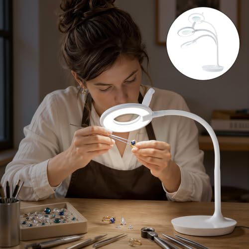 3X+6X Magnifying Glass with Light and Stand, Dimmable LED Magnifying Lamp | Flexible Gooseneck, Hands Free Magnifier, Magnification Lamp for Elderly Craft Hobby Painting Sewing Close Work,Weighted Base - color: White