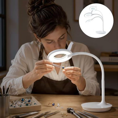 3X+6X Magnifying Glass with Light and Stand, Dimmable LED Magnifying Lamp | Flexible Gooseneck, Hands Free Magnifier, Magnification Lamp for Elderly Craft Hobby Painting Sewing Close Work,Weighted Base - color: White