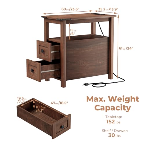 VVFLU Farmhouse End Table with Charging Station and 2 Storage Drawers, Cherry Wood Nightstand Narrow, Skinny Side Table Rustic, Slim Bedside Table, Open Shelf, Small for Bedroom, Living Room, Sofa - color: Cherry/Wood