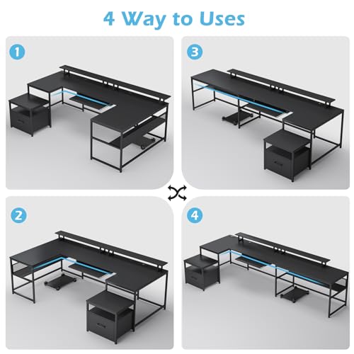 SEDETA 101.5''Reversible L Shaped Desk with Drawer for Home,Black | U Shaped Desk Office with Power Outlet,Computer with Monitor Shelf,Two Person Desk with Keyboard Tray
